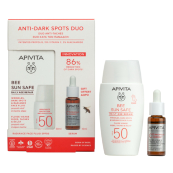 АПИВИТА СЪН КОМПЛЕКТ ДНЕВЕН ФЛУИД SPF50 50МЛ+C15 PROPOLIS CORRECT СЕРУМ 10МЛ