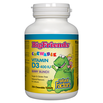 Natural Factors Vitamin D3 400 IU / ВИТАМИН D3  BIG FRIENDS ЗА ДЕЦА 400 IU дъвчащи таблетки, с плодов вкус x 250
