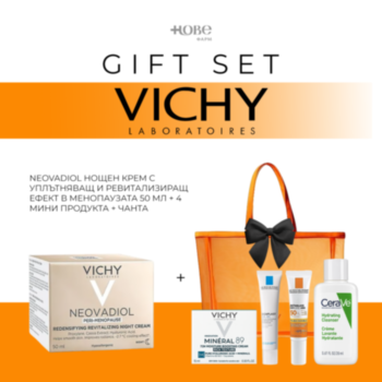 VICHY GIFT SET NEOVADIOL НОЩЕН КРЕМ С УПЛЪТНЯВАЩ И РЕВИТАЛИЗИРАЩ ЕФЕКТ В МЕНОПАУЗАТА 50 МЛ + 4 МИНИ ПРОДУКТА + ЧАНТА