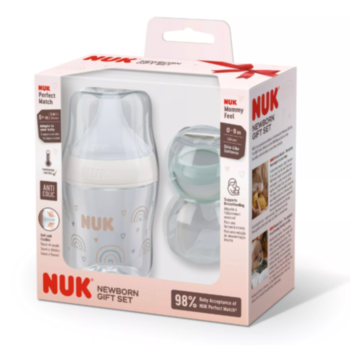 НУК КОМПЛЕКТ PM ШИШЕ 150МЛ ДЪГА+ЗАЛЪГАЛКА MOMMY FEEL 0-9M 10225337