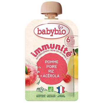 БЕЙБИ БИО ПЛОДОВ МУС ЗА ИМУНИТЕТ ЯБЪЛКА КРУША ОРИЗ И АЦЕРОЛА 100ГР