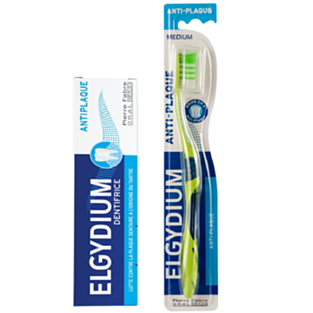 ЕЛГИДИУМ КОМПЛЕКТ ПАСТА ЗА ЗЪБИ АНТИПЛАКА+ЧЕТКА ЗА ЗЪБИ МЕДИУМ