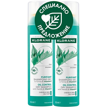 КЛОРАН КОМПЛЕКТ СУХ ШАМПОАН С КОПРИВА МАЗНА КОСА 150МЛ Х 2 А