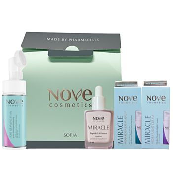 NOVE COSMETICS МИРАКЪЛ ПОЧИСТВАЩА ПЯНА + ХИДРАТИРАЩ ДНЕВЕН КРЕМ-СЕРУМ + НОЩЕН + СЕРУМ С ПЕПТИДИ 