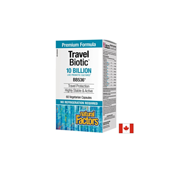 Travel Biotic™ BB536® - Пробиотик (подкрепа при далечни пътувания), 10 млрд. активни пробиотици, 60 капсули Natural Factors 068957018126