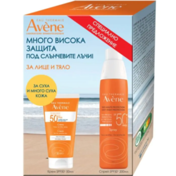 АВЕН СЛЪНЦЕ КОМПЛЕКТ КРЕМ ЗА ЛИЦЕ ЗА СУХА КОЖА SPF50+ 50МЛ+СПРЕЙ SPF50+ ВИСОКА ЗАЩИТА 200МЛ  В *