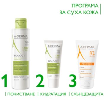 А-ДЕРМА БИОЛОДЖИ РУТИНА ЗА СУХА КОЖА - МИЦЕЛАРНА ВОДА 200МЛ + БОГАТ КРЕМ 40МЛ + СЛЪНЦЕЗАЩИТЕН КРЕМ ЗА СУХА КОЖА SPF50+ 40МЛ