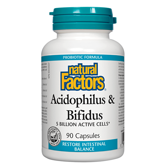 Natural Factors Acidophilus & Bifidus 5 Billion Active Cells / Ацидофилус бифидус, 5 милиарда активни пробиотици капс. x 90