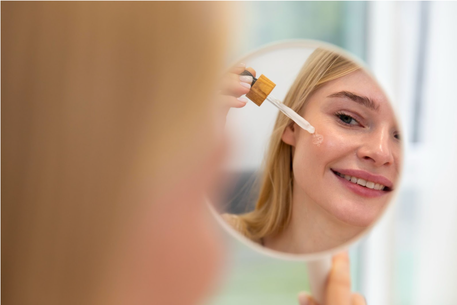 Жена нанася продукт с пептиди върху лицето си