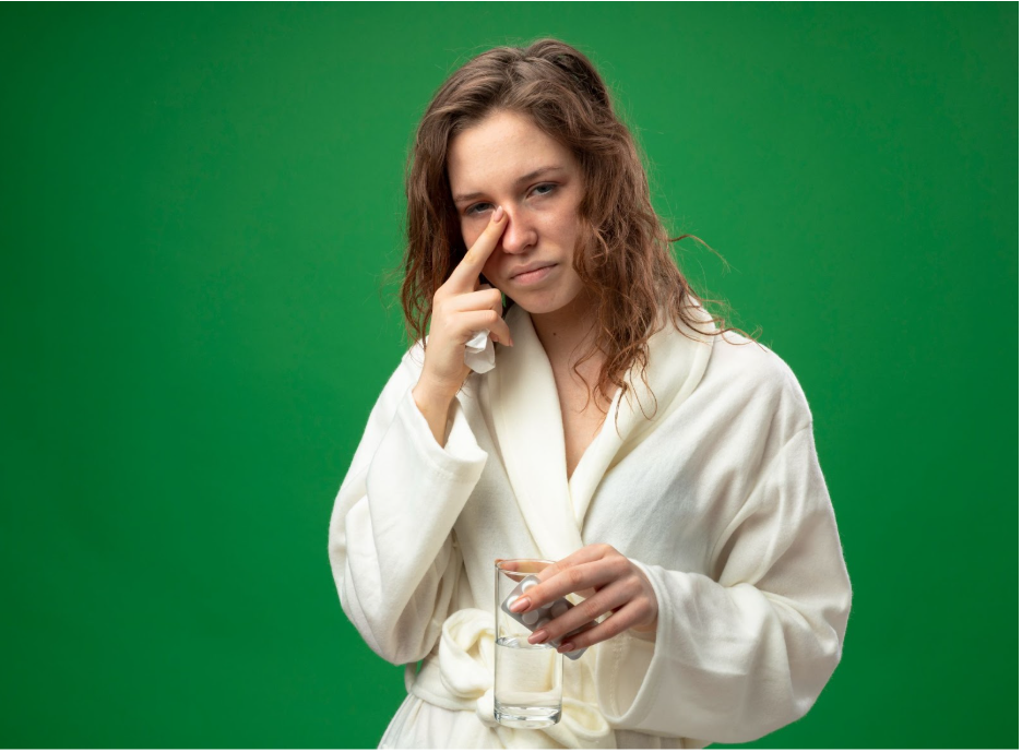 Жена със запушен нос по халат, която държи чаша вода 